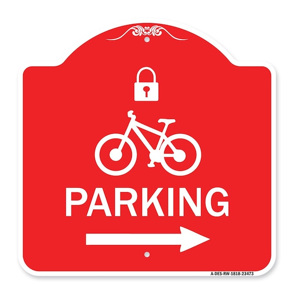 Parking W/ Lock Cycle & Right Arrow, Red & White Aluminum Sign, 18" x 18", RW-1818-23473